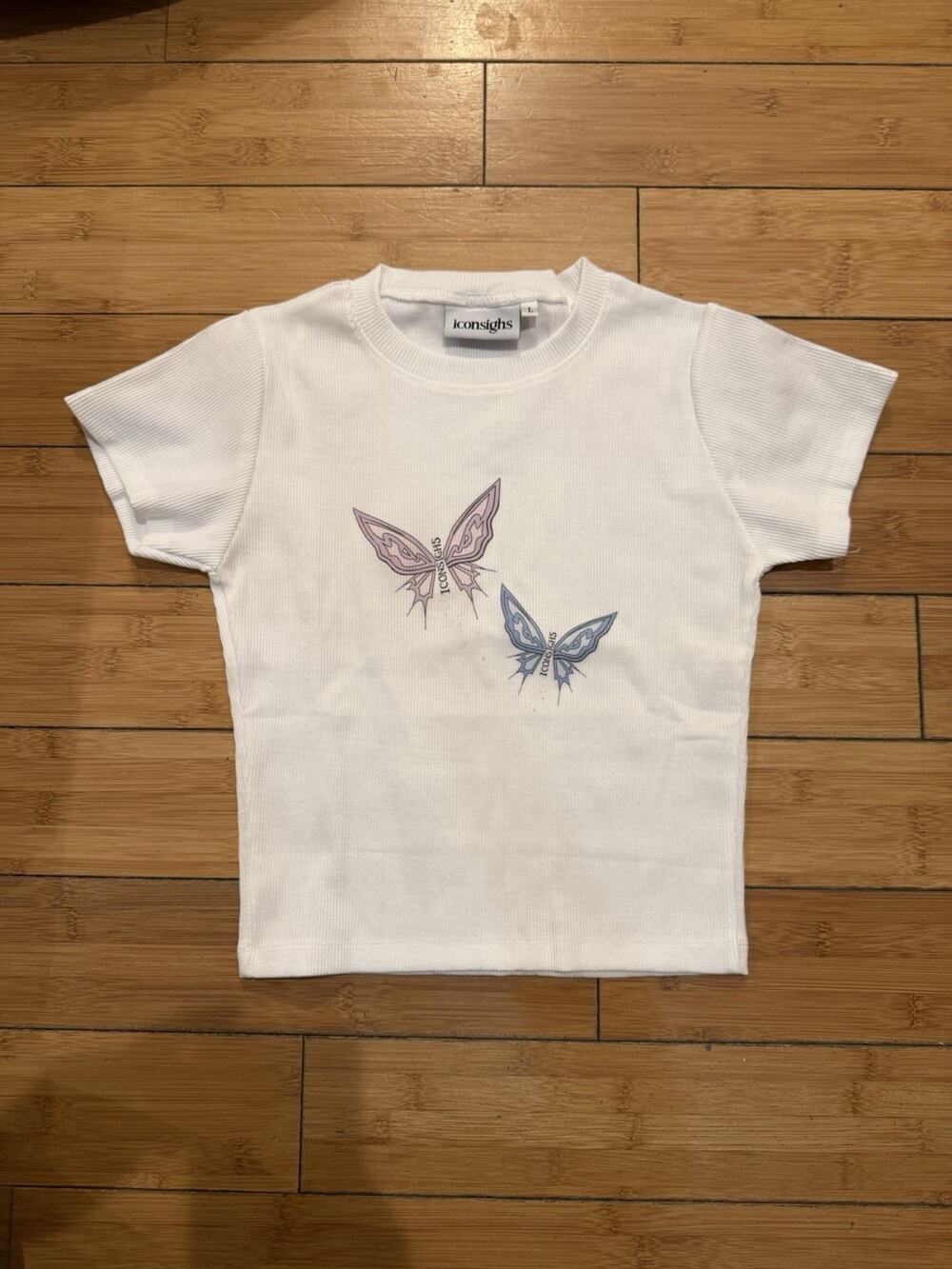 Iconsighs Sz L White Butterfly Cropped T-Shirt